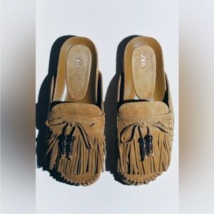 Zara Tan Fringe split leather clogs size 41 US 10.5